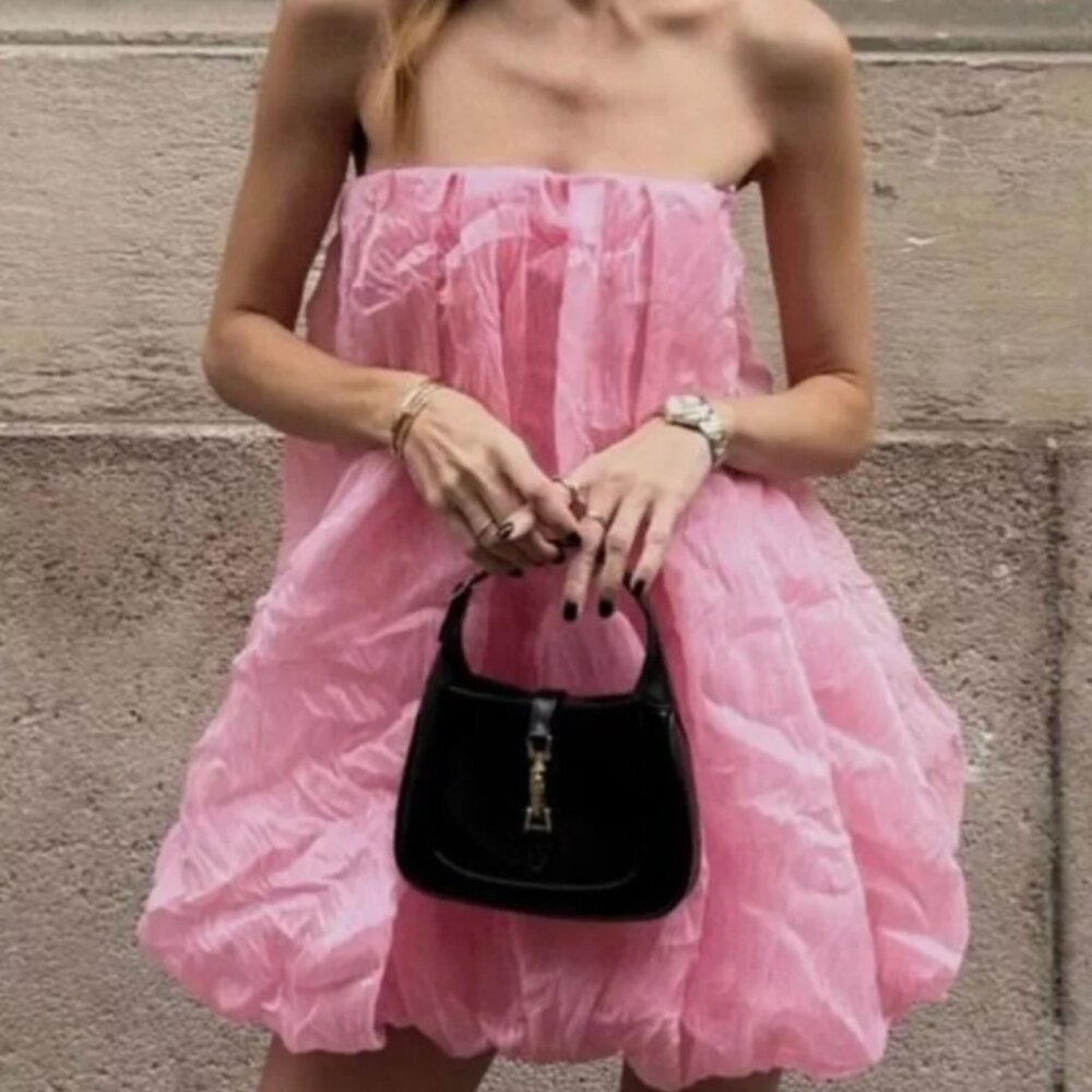 ZARA NEW WOMAN SHORT OFF-SHOULDER ORGANZA BALLOON DRESS PINK REF: 4661/304